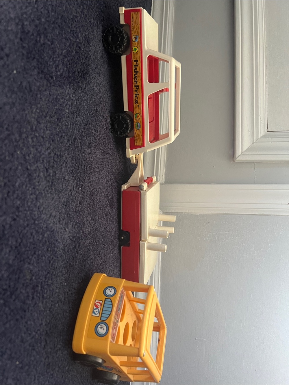 Fisher-Price Yellow Bus and 1979 Camper with Red and Cream Trailer